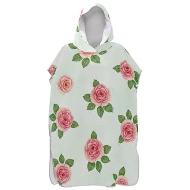 Imagem de Joisal Roupão de mudança de poncho de surfe para adultos toalha de banho com capuz poncho masculino vestível com capuz rosa pêssego folhas verdes