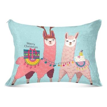 Imagem de Linda fronha decorativa de Natal Lhamas de Natal grande poliéster longo padrão Queen King travesseiro bonito travesseiro para sofá de cama de casa, tamanho do corpo, 53 cm x 137 cm