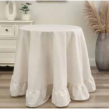 Imagem de Castle Selection Toalha de mesa decorativa redonda de 228 cm para jantar e banquete estilo rústico com borda de linho com babados (natural)