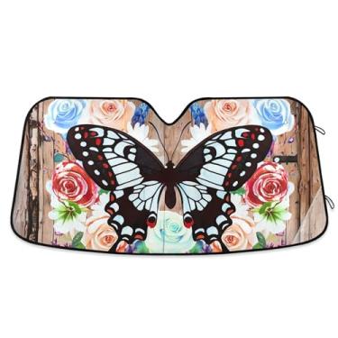 Imagem de Pára-sol de carro personalizado floral de madeira borboleta para-brisa retrátil dobrável janela de carro para-brisa frontal floral animal S, 134,6 cm x 59,7 cm