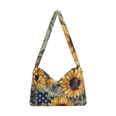 Imagem de Bolsa de ombro de pelúcia com bandeira americana, bolsas femininas, bolsa feminina para uso ao ar livre, Girassol American 2, One Size