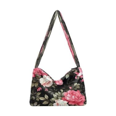 Imagem de Bolsa de ombro com flores laranja e rosa em pelúcia preta, bolsa de ombro para mulheres, bolsas de outono, Aquarela floral com rosas - 3, One Size