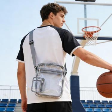 Imagem de Bolsa transversal transparente com porta-crachá de identificação, bolsa transparente aprovada para estádio com bolso frontal para shows, festivais esportivos, cinza, 2 peças