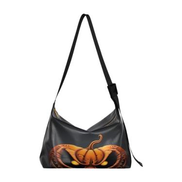 Imagem de GAIGEO Bolsa de ombro ajustável rosa vermelha com folhas, bolsa tiracolo vegana, bolsa feminina de couro, Jackolantern laranja em preto-2, One Size