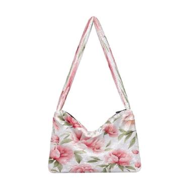 Imagem de Bolsa de ombro feminina floral laranja e amarela em bege, bolsas de ombro com zíper, bolsas de outono, Flores rosa em branco-1, One Size