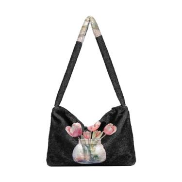 Imagem de GAIGEO Sacola de pelúcia floral de papoula vermelha com bandeira americana em aquarela para mulheres, bolsa feminina para uso ao ar livre, Vaso de vidro com flores de tulipa em aquarela rosa, One Size