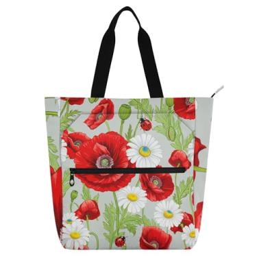 Imagem de GAIGEO Sacola floral vermelha papoulas folhas verdes para crianças e mulheres trabalho escola livro enfermeira bolsa lona bolsa com zíper