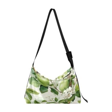 Imagem de Bolsa tiracolo Hobo aquarela maçãs e flores com folhas, bolsa feminina de couro, bolsa transversal de couro, Maçãs verdes e flores brancas - 4, One Size