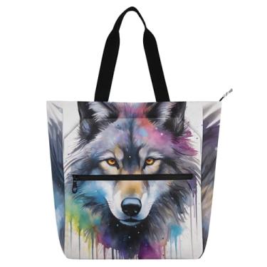 Imagem de GAIGEO Bolsa feminina de trabalho de lobo em aquarela de lona com zíper para professores e amantes de livros