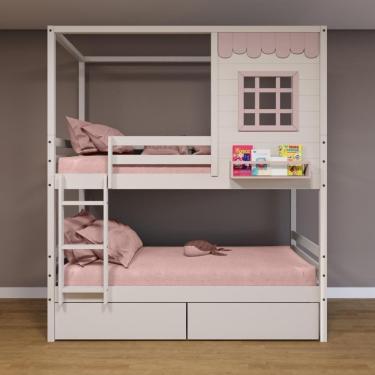 Imagem de Beliche Casinha Reta 02 Gavetas Rosa Madeira Maciça Branco/ Rosa Housin