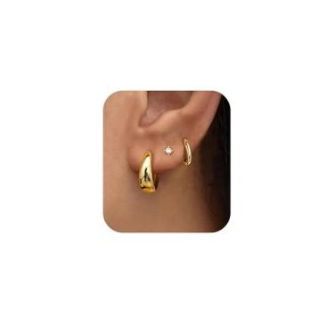Imagem de Styleeary Brincos de ouro para mulheres, pequenos e grossos banhados a ouro 14 K, hipoalergênicos, conjuntos de brincos de argola para vários piercings, brincos leves, brincos de cartilagem de