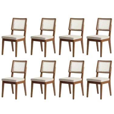 Imagem de Kit de 8 Cadeiras de Madeira Maciça Estofada com Palhinha Saga - Natural c/ Linho Mescla Cru