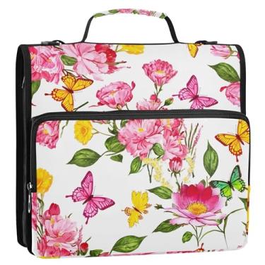 Imagem de Fichário organizador de 3 anéis com 3 anéis de flores resistentes borboletas rosa com alça de ombro para portfólio de trabalho escolar e suporte de pasta de anel