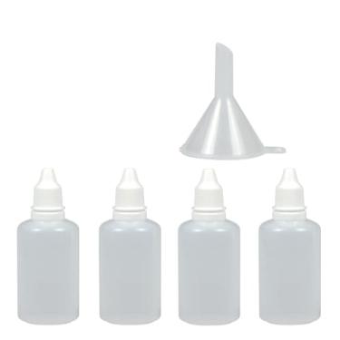 Imagem de Yeetandoo 5 unidades (4 frascos + 1 funil) frascos conta-gotas de plástico de 50 ml - Recipientes de viagem portáteis espremíveis com tampa e plugue para colírios, solução salina, etc. (50 ml 5P)