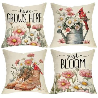 Imagem de Fjfz Capa de almofada decorativa para primavera, verão, margarida, cardeal, 45,7 x 45,7 cm, conjunto de 4, botas de regador floral Just Bloom, decoração de casa, Love Grows Here Farmhouse, sofá, sofá