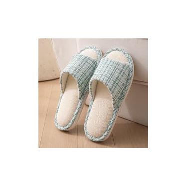 Imagem de Pantufas femininas, respirável, antiderrapante, sola macia, silenciosa, de linho, para uso interno, uso doméstico, azul, Azul, 37