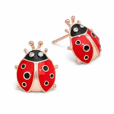 Imagem de Brincos fofos de joaninha, esmalte vermelho e preto com strass de cristal, banhado a ouro rosa, 1,5 cm x 1,2 cm