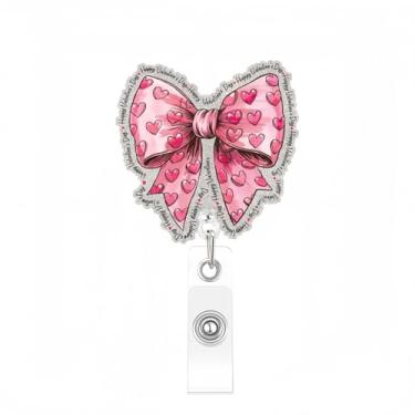 Imagem de Carretel de crachá de laço rosa retrátil para dia dos namorados brilhante prata brilhante laço laço design coração acrílico cartão de identificação dia dos namorados carretéis de crachá para