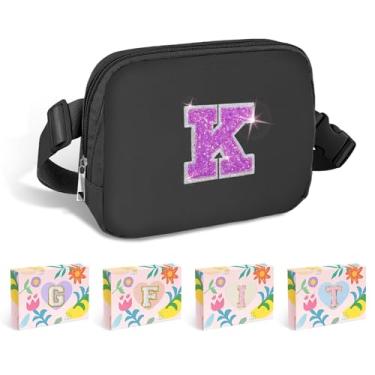 Imagem de COSHAYSOO Pochete de cintura pequena com faixa ajustável com inicial de letra remendo alça ajustável para mulheres adolescentes correndo viajando academia caminhadas, mini bolsa transversal de viagem transversal transversal bolsa moderna, Preto, Small, K