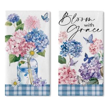 Imagem de Croar Conjunto de 2 panos de prato de cozinha de flores de hortênsia primavera verão flor com graça, toalha de mão de secagem de borboleta floral, pano de cozimento, pote de pedreiro xadrez, casa de