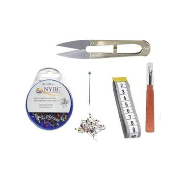 Imagem de Kit Costura Completo Profissional Fita Métrica Tesoura Arremate Abridor de Casa 13cm 100 Alfinetes Cabeça de Vidro Patchwork Artesanato DIY