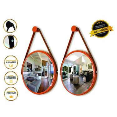 Imagem de Kit 2 Espelhos Redondo Decorativo Suspenso Alça 40cm + suporte Cobre A