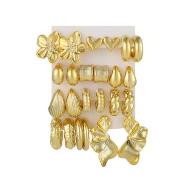 Imagem de 12 pares de brincos grossos de ouro para mulheres, hipoalergênicos, grossos, abertos, torcidos, conjunto de brincos de argola torcidos na moda com folha de flor