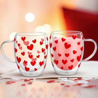 Imagem de JarThenaAMCS Canecas de café de vidro de parede dupla para Dia dos Namorados Copos isolados 340 g Copos de café expresso com coração vermelho transparente com alça para suprimentos de férias em casa
