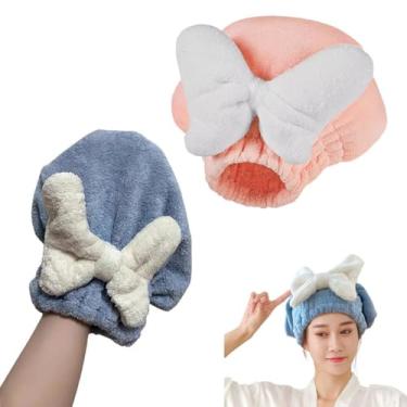 Imagem de NentMent Pacote com 2 toalhas de cabelo de microfibra, tampas de secagem de cabelo de microfibra com laço grande, touca de toalha de cabelo absorvente, turbante de cabelo, toalhas de cabeça para