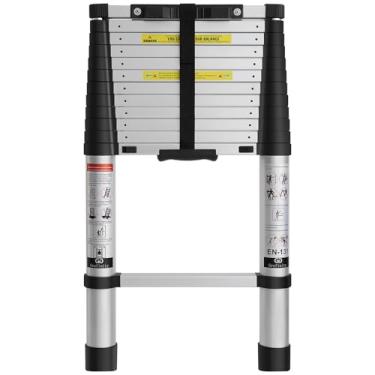 Imagem de Grefinity Escada telescópica de alumínio de 3 m, escada de extensão de retração de um botão, capacidade de carga de 170 kg com pés largos antiderrapantes, portátil compacto para uso interno e externo