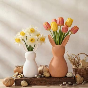 Imagem de Rtteri 2 peças de vaso de flores de coelhinho da Páscoa, decorações de páscoa para casa, figuras de coelho, resina de cerâmica, marrom e branco, vaso de centro de mesa rústico de primavera para mesas