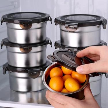 Imagem de Recipiente de alimentos de aço inoxidável de 350 ml, caixa fresca, tampa selada, para almoço, preparação de refeições, armazenamento, geladeira, conjunto de cozinha, tigela redonda