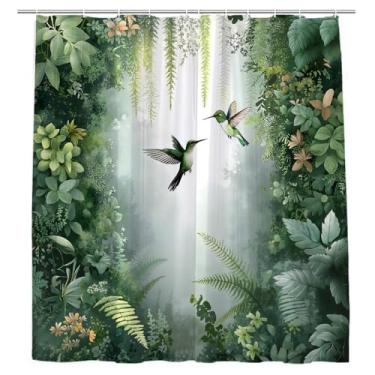 Imagem de Cortina de chuveiro floresta tropical com tema de selva botânica verde beija-flor com plantas penduradas paisagem primavera decoração de banheiro cortinas 178 x 178 cm com gancho