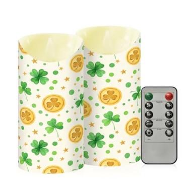 Imagem de Wassud Pacote com 2 velas sem chamas de trevo do dia de São Patrício com controle remoto, velas realistas cintilantes com temporizador, velas decorativas para Natal, casamento, festa, decoração de