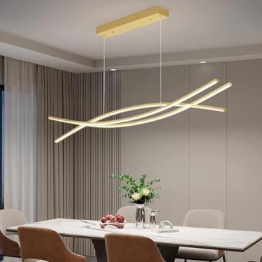 Imagem de Luminária pendente LED regulável para sala de estar, luminária pendente moderna para mesa de jantar com controle remoto, design ondulado, altura ajustável, iluminação interna (dourada, 100 c