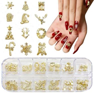 Imagem de CHANGAR Berloques de unhas para o Natal, liga de Natal, pedras preciosas, strass, guirlanda, floco de neve, sino de alce, para decoração de arte de unhas de Natal, artesanato faça você mesmo (dourado)