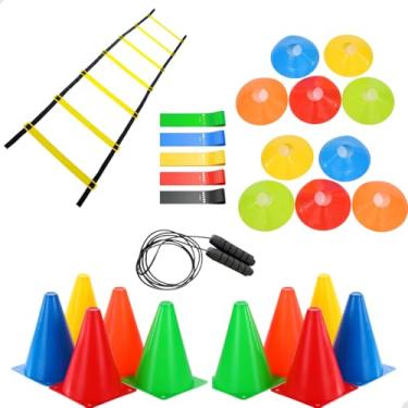 Imagem de Kit Funcional Para Emagrecimento 10 Cones + 10 Chapeu + 5 Elastico + 1 Corda de Pular + 1 Escada 7 Degraus