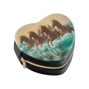 Imagem de Burbuja Caixa de joias em forma de coração cavalos galopando no mar, mini estojo de viagem para mulheres e meninas, organizador portátil de armazenamento para brincos, anéis, colares e pulseiras