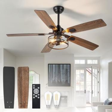 Imagem de BvenuBigLite Ventiladores de teto enjaulados com luzes: Ventiladores de teto industriais de 132 cm - Ventilador de teto preto e nogueira com acabamento duplo com controle remoto para sala de estar ao