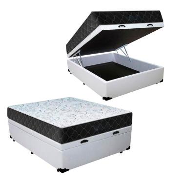 Imagem de Cama Box Baú Casal Sintético Branco Com Colchão Espuma D33 Marrocos 30cm