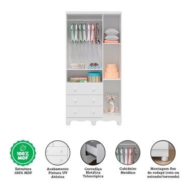 Imagem de Jogo De Quarto Infantil Uli Guarda Roupa 3 Portas E Berço Branco Brilho - Móveis Peroba