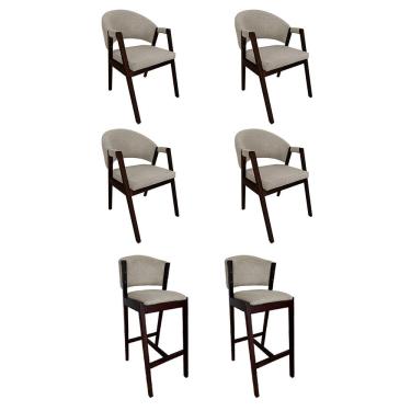 Imagem de Kit 4 Cadeiras de Jantar Helen com 2 Banquetas Ana Madeira Maciça Premium Linho - Bege