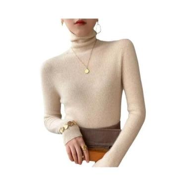 Imagem de Suéter Feminino Marrom De Gola Alta, Tricô Slim Fit, Casual, Pullover 