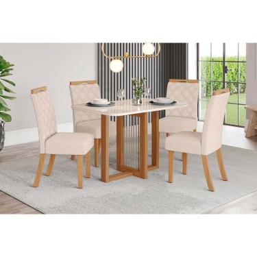 Imagem de Conjunto Mesa Sala Jantar Natalí Com Tampo Madeirado Com Vidro Curvo 120x80cm E 4 Cadeiras Bella Nature Linho Henn