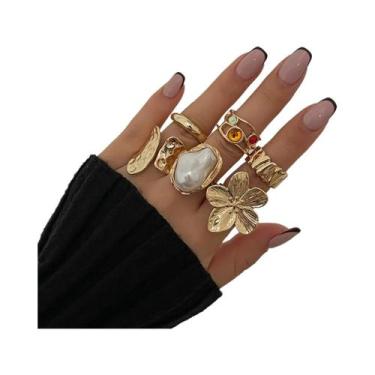 Imagem de Anel Aberto Elegante Com Imitação De Pérola Barroca E Flor De Metal Ir