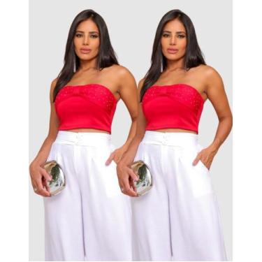 Imagem de Kit 2 Cropped Feminino Sem Alças Brilhoso Elegante Moda Festa Tendênci
