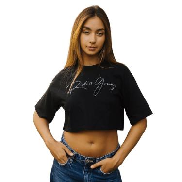 Imagem de Camiseta Feminina T-shirt Cropped Aplique Premium Manga Curta Oversized Confortavel Streetwear Preto-Feminino