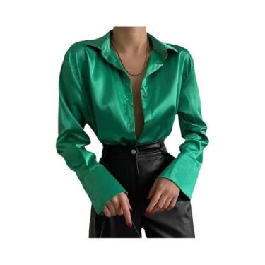 Imagem de Camisa Feminina Vintage Com Gola Polo Para Escritório, Solta, Com Botõ