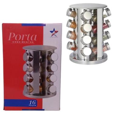 Imagem de Porta Condimento Giratório Redondo 16 Peças Aço Inox Frascos De Vidro 