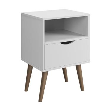 Imagem de Mesa Cabeceira Grécia Quarto Mesinha Organizadora Gaveta Nicho Pés Retrô Decoração Clássica Corrediças Metálicas (Branco)